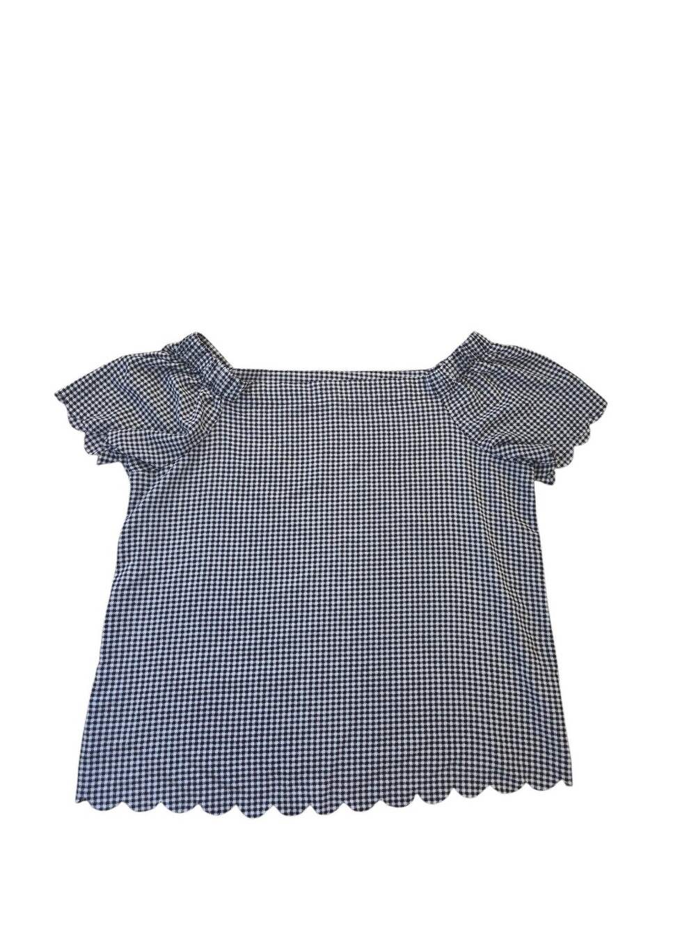 Elle black/white gingham short sleeve scalloped off the shoulder top, L. EUC.